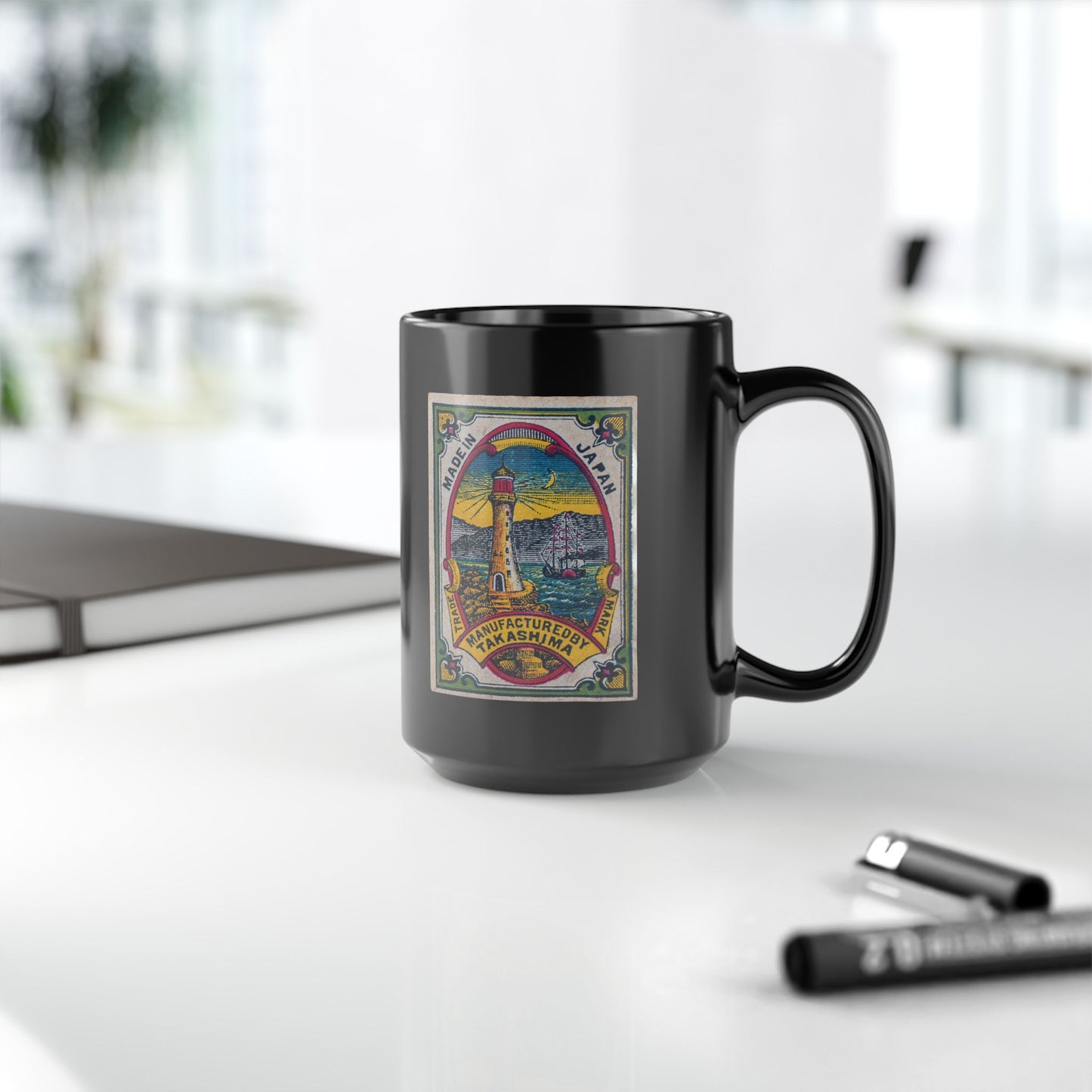 Takashima Lighthouse ,Vintage Japanese Matchbox Label Black Ceramic Mug | Meiji Era Archive