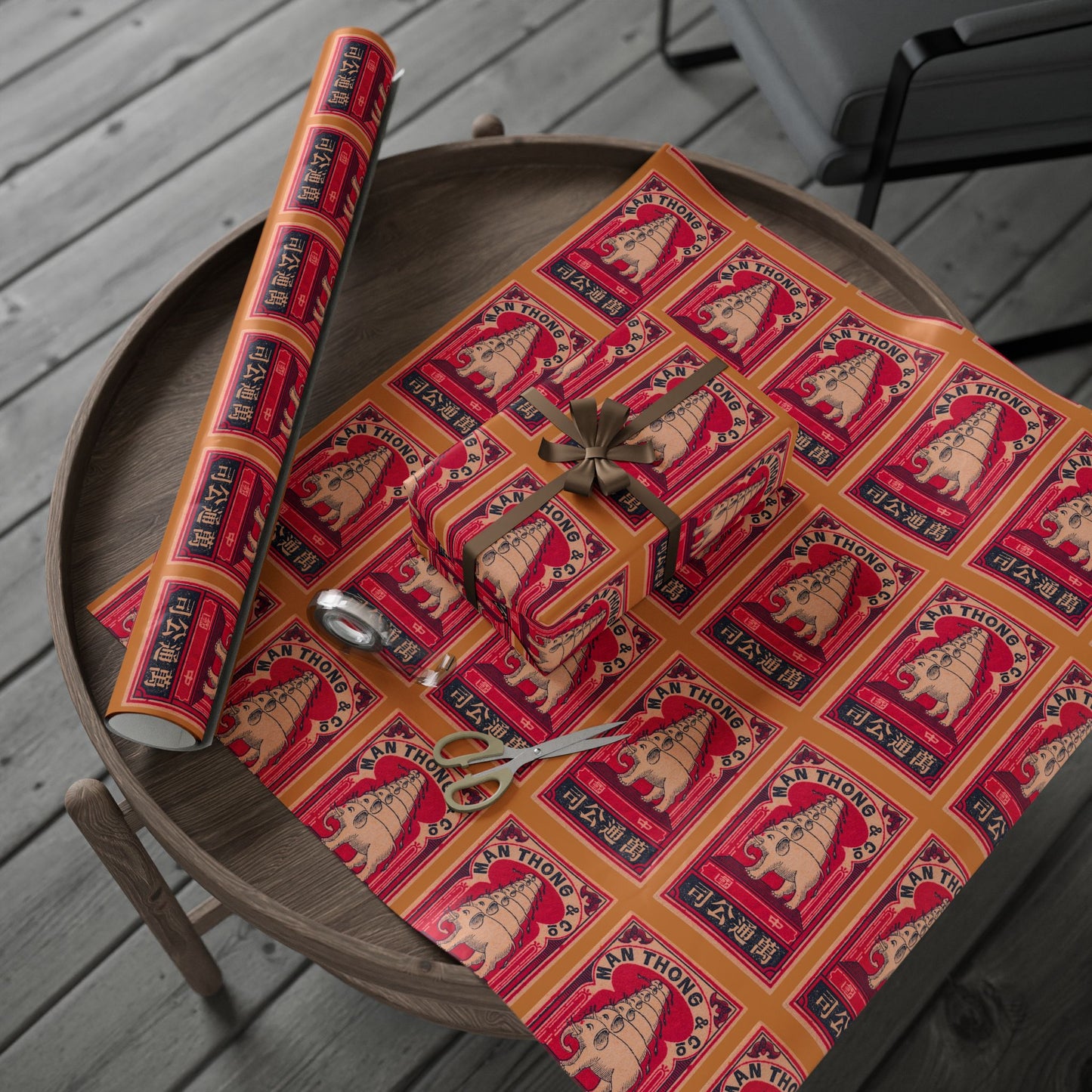 Man Thong Elephant Pagoda Vintage Japanese Matchbox Label Wrapping Paper