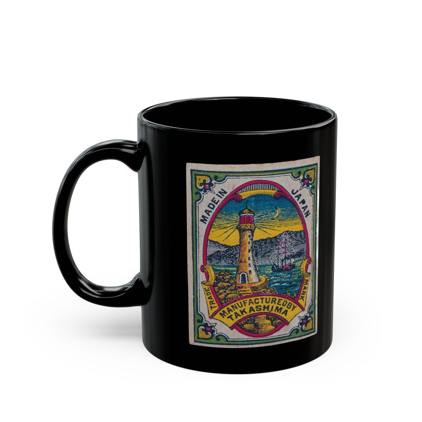 Takashima Lighthouse ,Vintage Japanese Matchbox Label Black Ceramic Mug | Meiji Era Archive