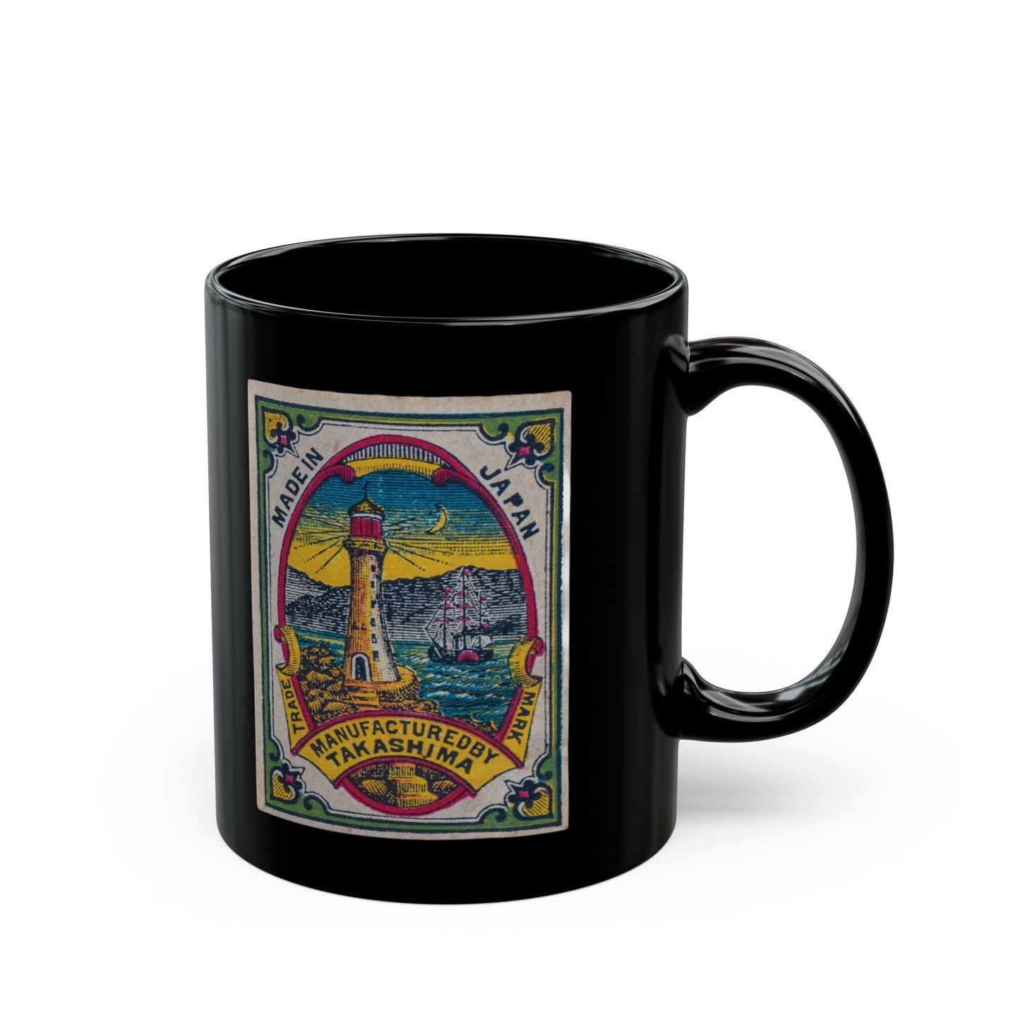 Takashima Lighthouse ,Vintage Japanese Matchbox Label Black Ceramic Mug | Meiji Era Archive