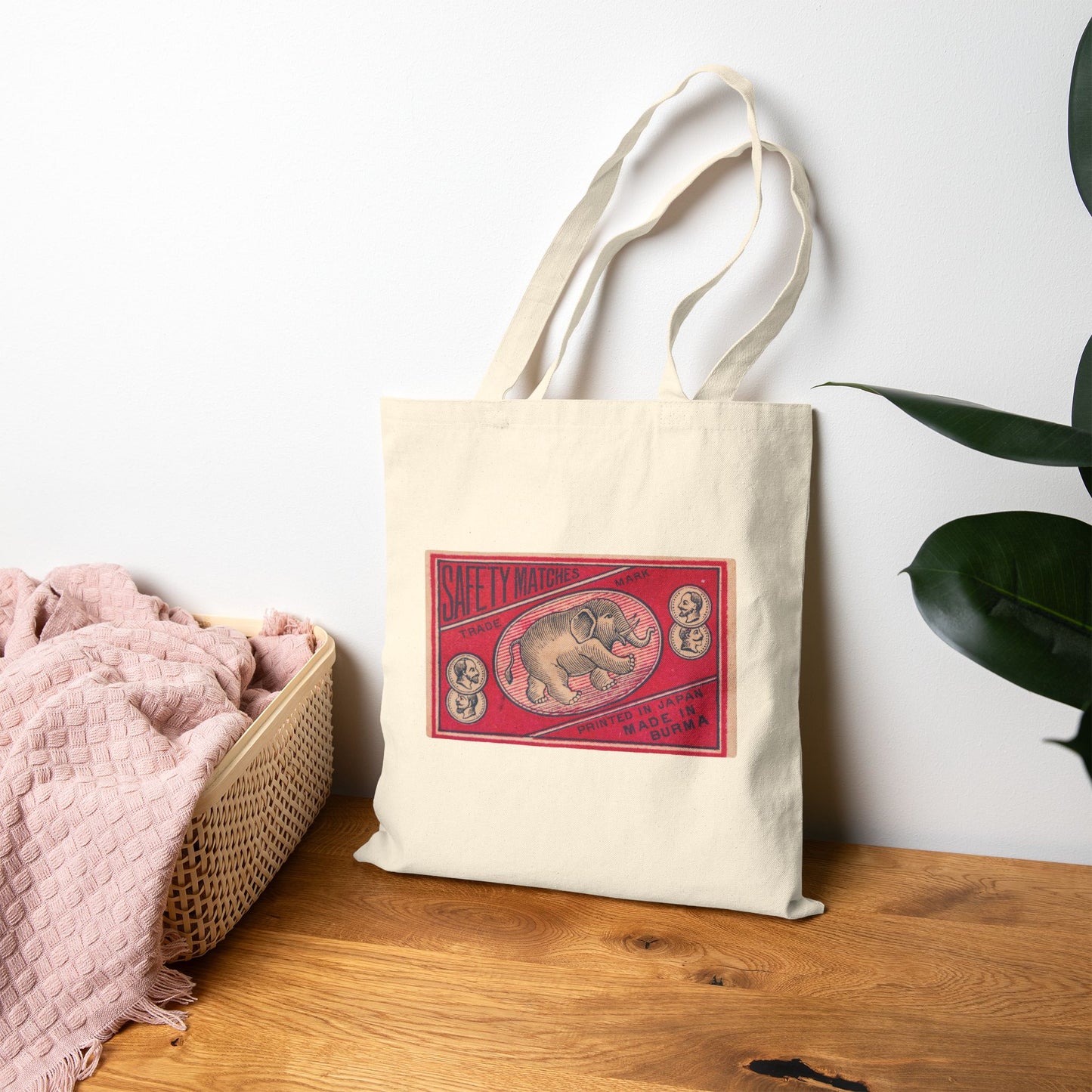Safety Matches Elephant — Vintage Japanese Matchbox Label Canvas Tote Bag