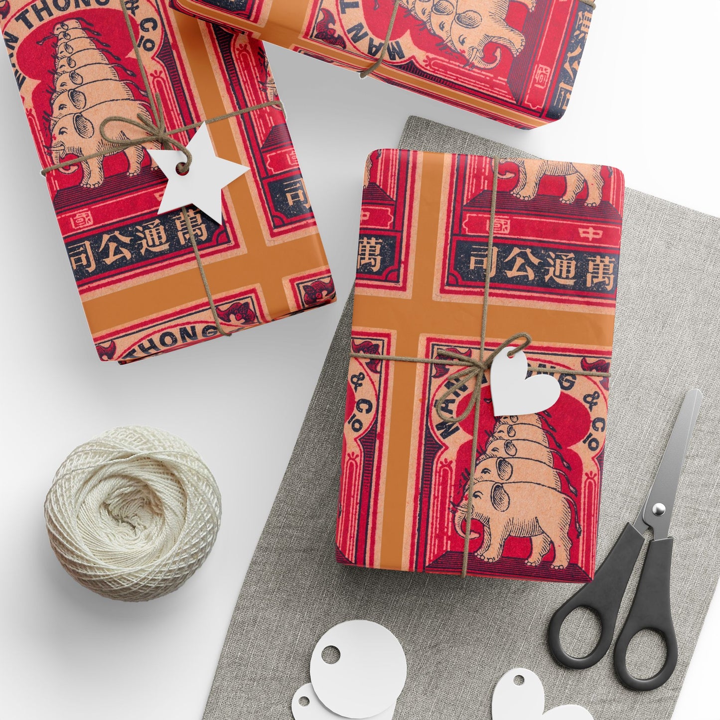 Man Thong Elephant Pagoda Vintage Japanese Matchbox Label Wrapping Paper