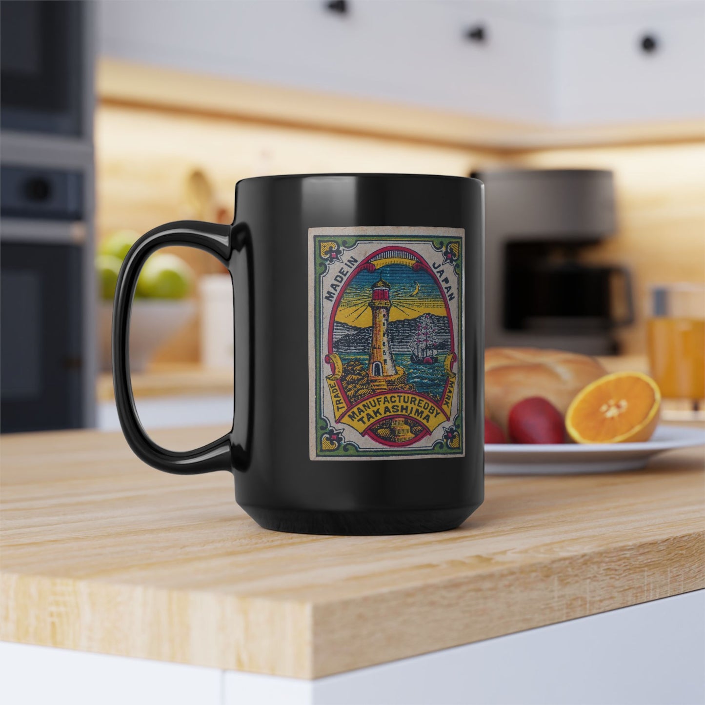 Takashima Lighthouse ,Vintage Japanese Matchbox Label Black Ceramic Mug | Meiji Era Archive