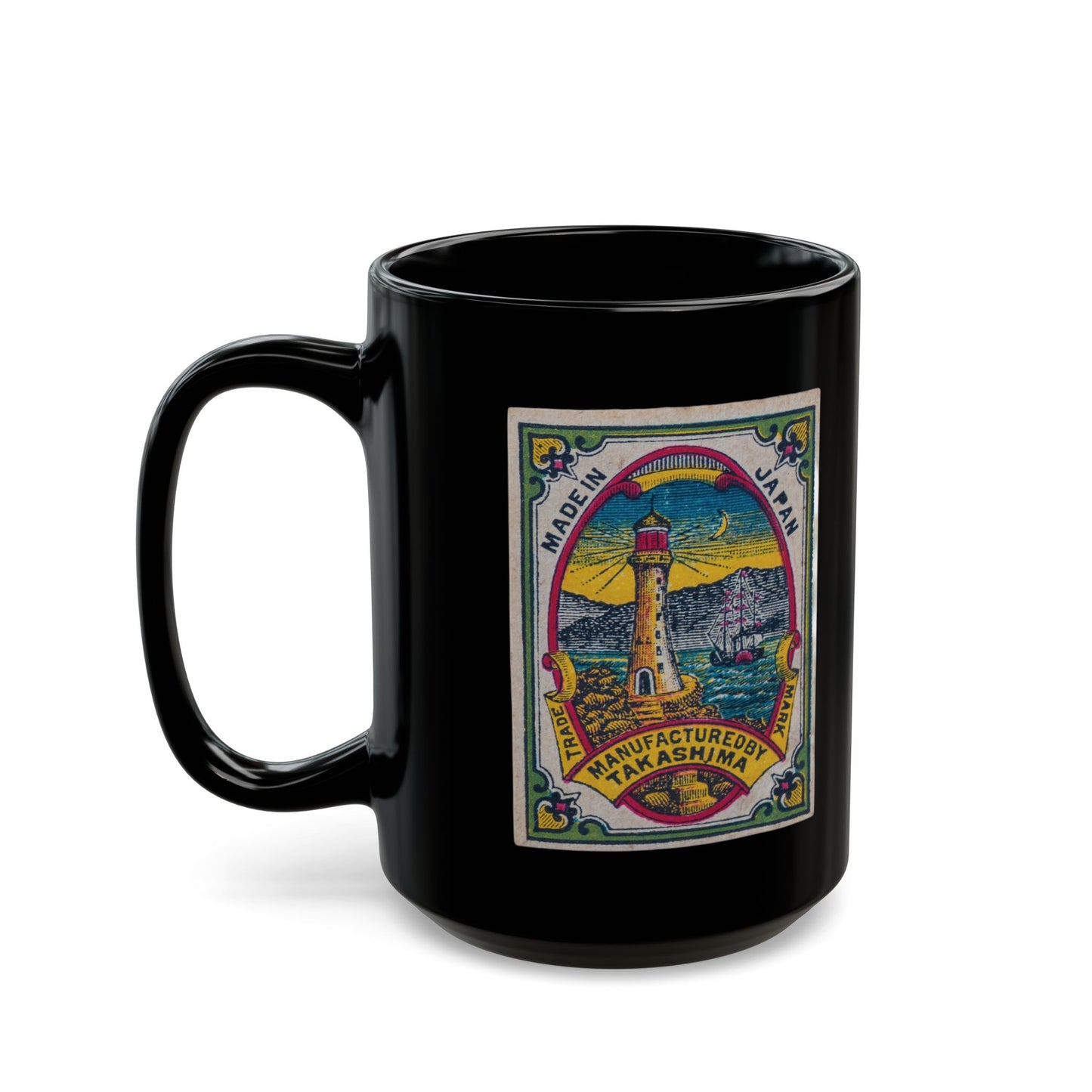 Takashima Lighthouse ,Vintage Japanese Matchbox Label Black Ceramic Mug | Meiji Era Archive