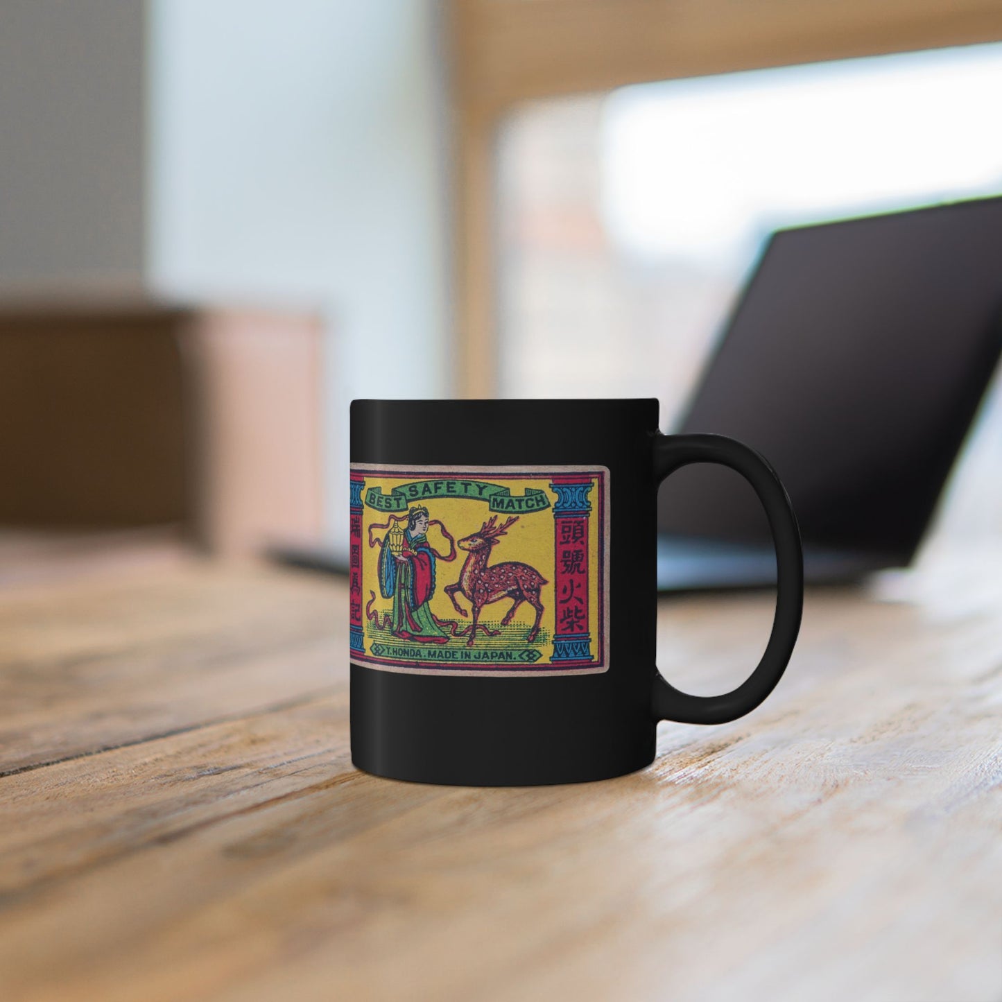 Y.Honda Best Safety Match , Vintage Japanese Matchbox Label Black Ceramic Mug | Meiji Era Archive