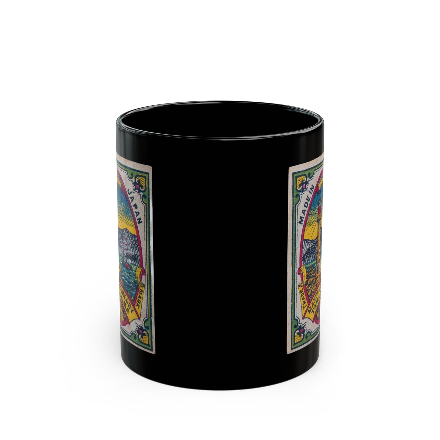 Takashima Lighthouse ,Vintage Japanese Matchbox Label Black Ceramic Mug | Meiji Era Archive