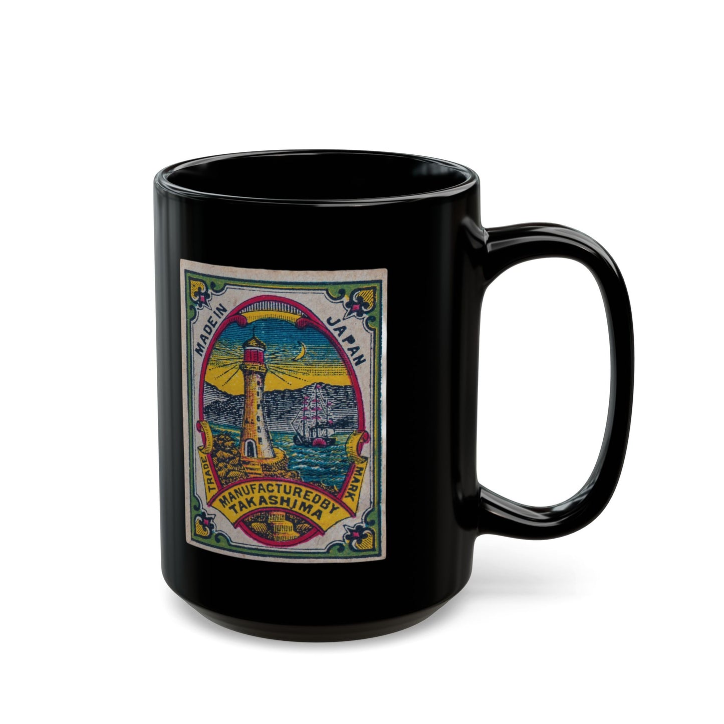 Takashima Lighthouse ,Vintage Japanese Matchbox Label Black Ceramic Mug | Meiji Era Archive