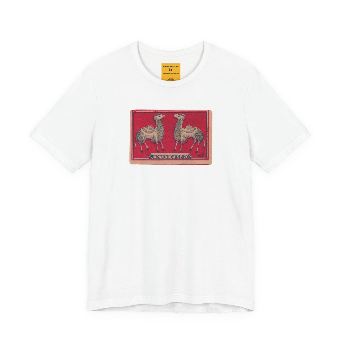 Noda Seizo Twin Camels Vintage Japanese Matchbox Label Unisex Tee | Middle East Export Archive