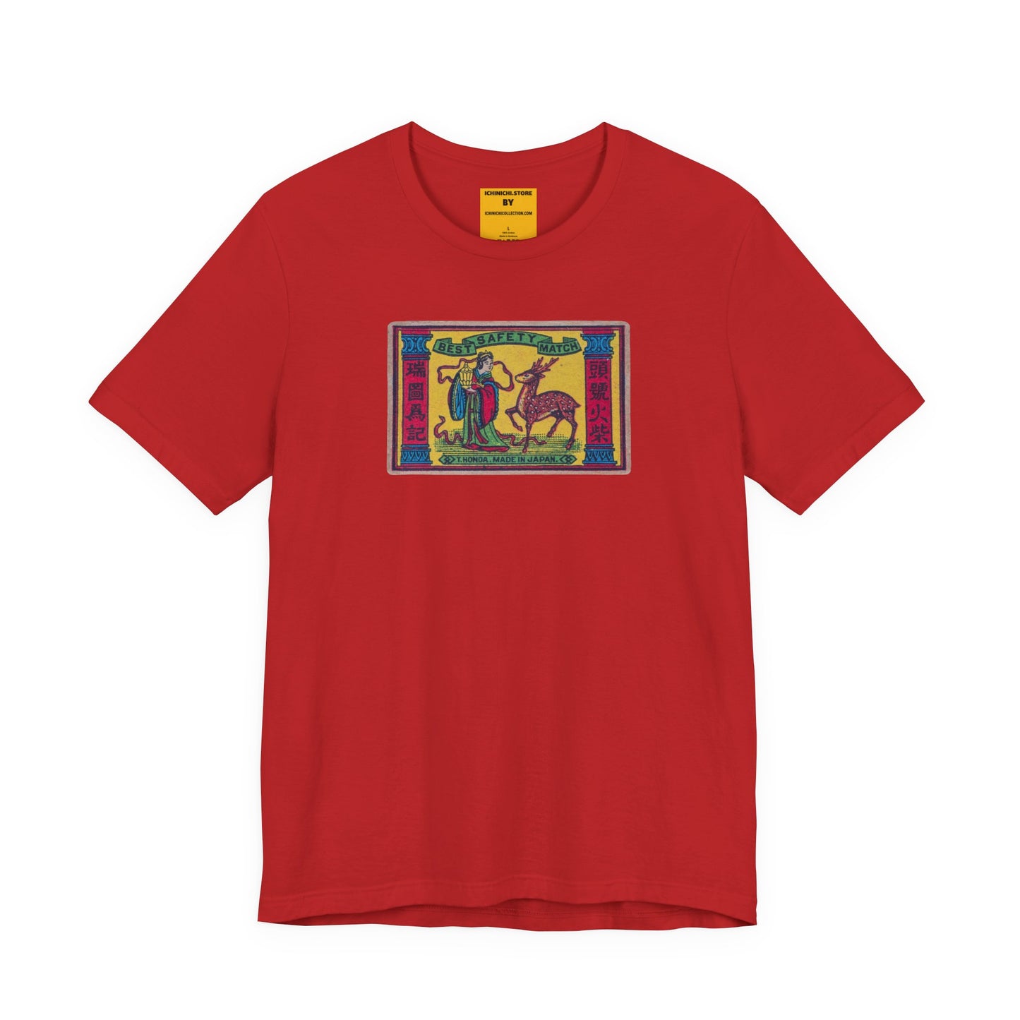 Y. Honda Best Safety Match ,Vintage Japanese Matchbox Label Unisex Tee | Court Lady & Deer Archive