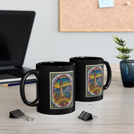 Takashima Lighthouse ,Vintage Japanese Matchbox Label Black Ceramic Mug | Meiji Era Archive