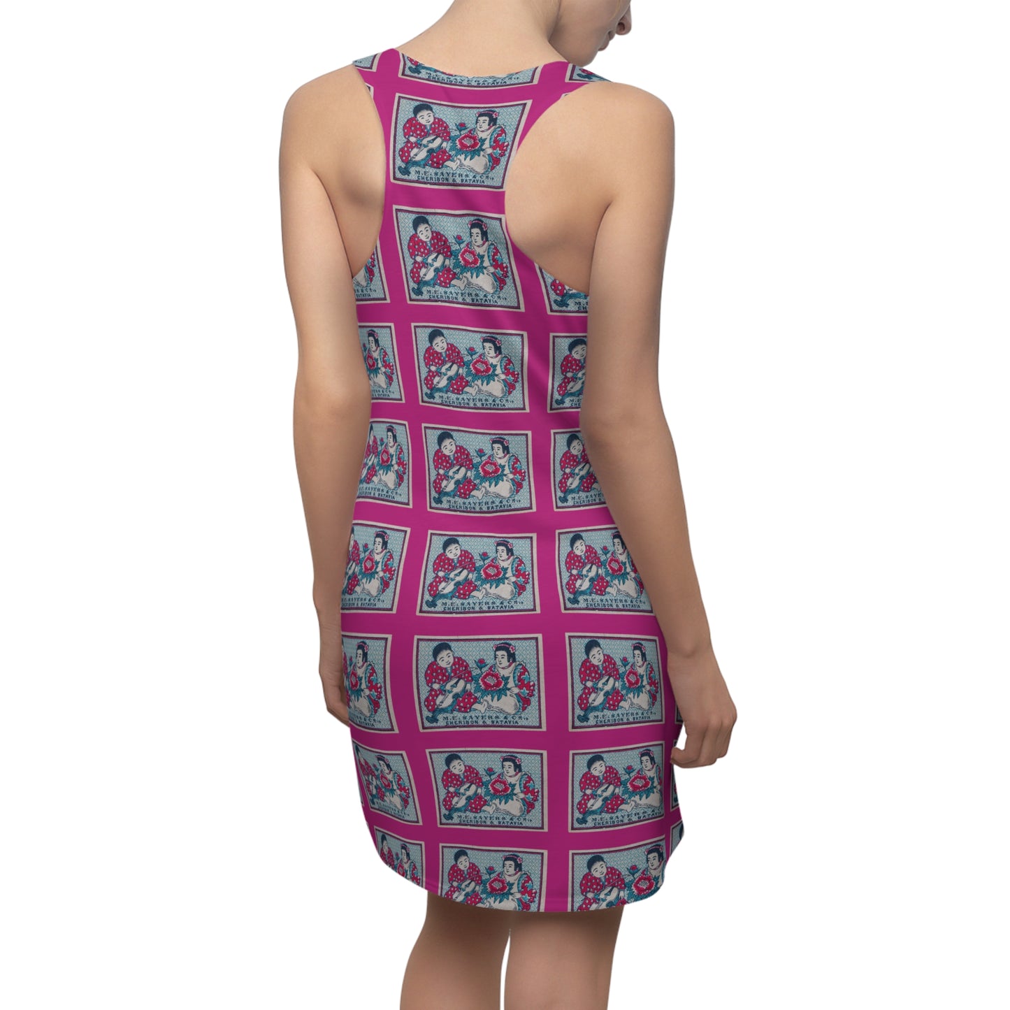 M.E. Sayers Cheribon & Batavia — Vintage Japanese Matchbox Label All-Over Print Racerback Dress