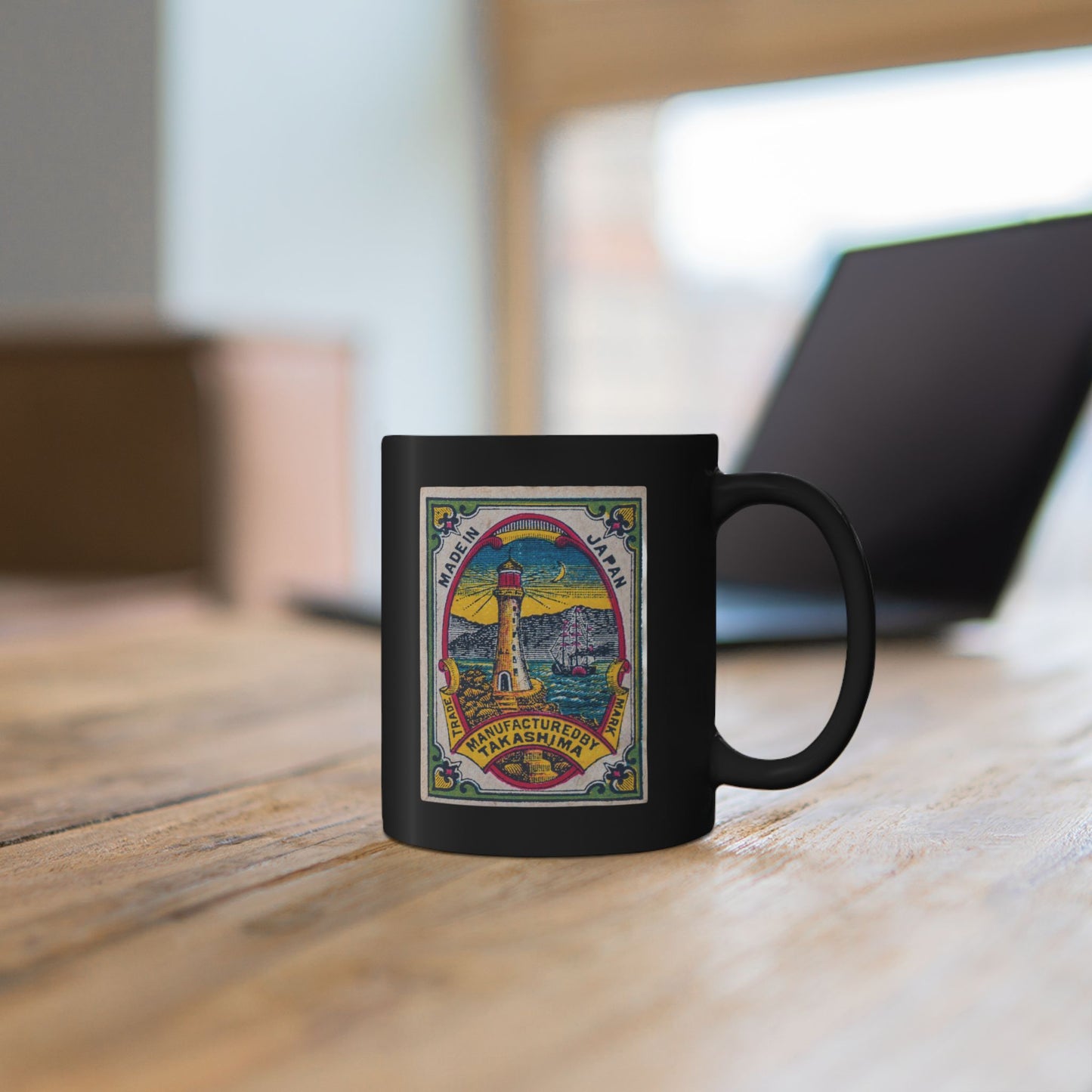 Takashima Lighthouse ,Vintage Japanese Matchbox Label Black Ceramic Mug | Meiji Era Archive