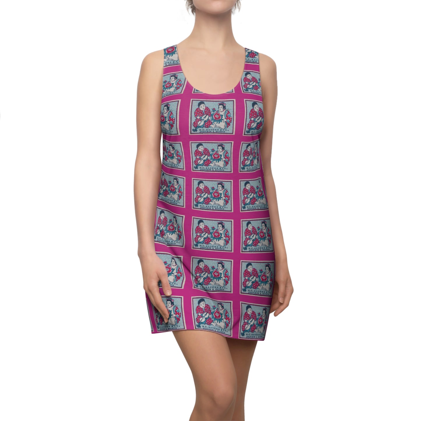M.E. Sayers Cheribon & Batavia — Vintage Japanese Matchbox Label All-Over Print Racerback Dress