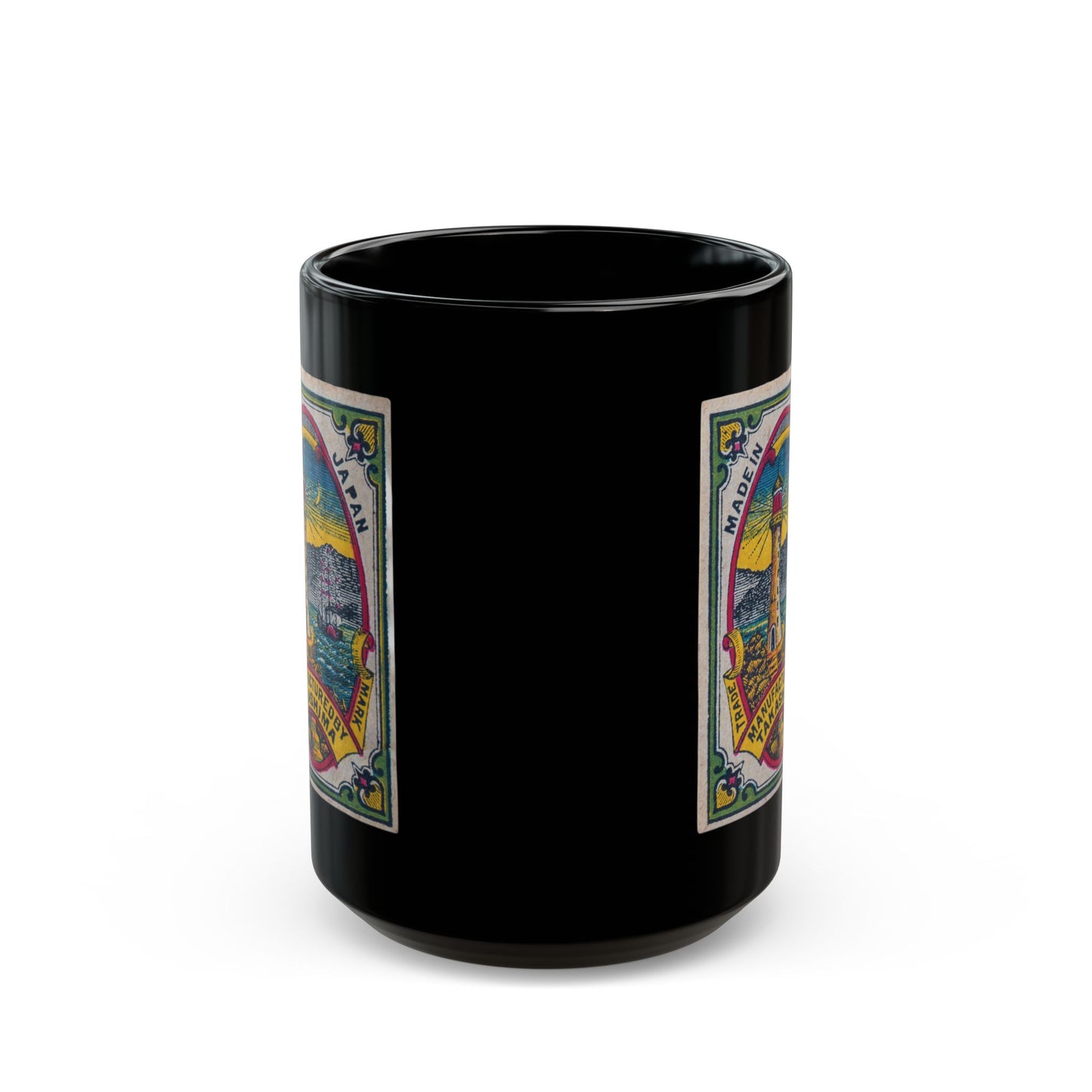 Takashima Lighthouse ,Vintage Japanese Matchbox Label Black Ceramic Mug | Meiji Era Archive