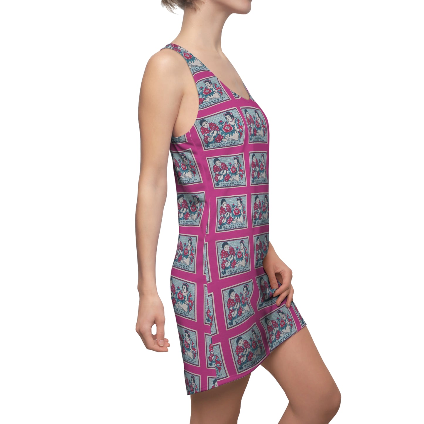 M.E. Sayers Cheribon & Batavia — Vintage Japanese Matchbox Label All-Over Print Racerback Dress